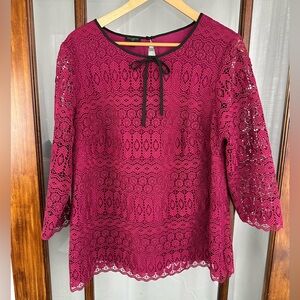 Talbots Plus 1X Lace Overlay Top Pink 3/4 Sleeve Bow Party Dressy Side Zip